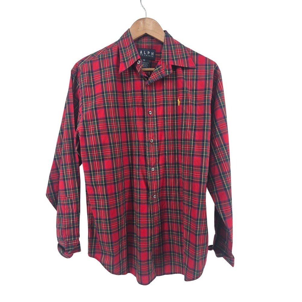 Ralph Ralph Lauren Button Down Shirt Womens 10 Red Plaid Tartan Cotton Pony Logo